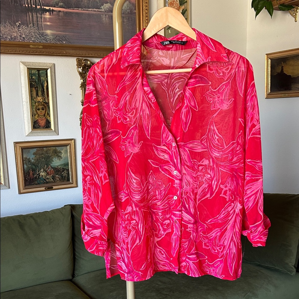 Zara Women's Sheer Red Floral Button Down Shirt